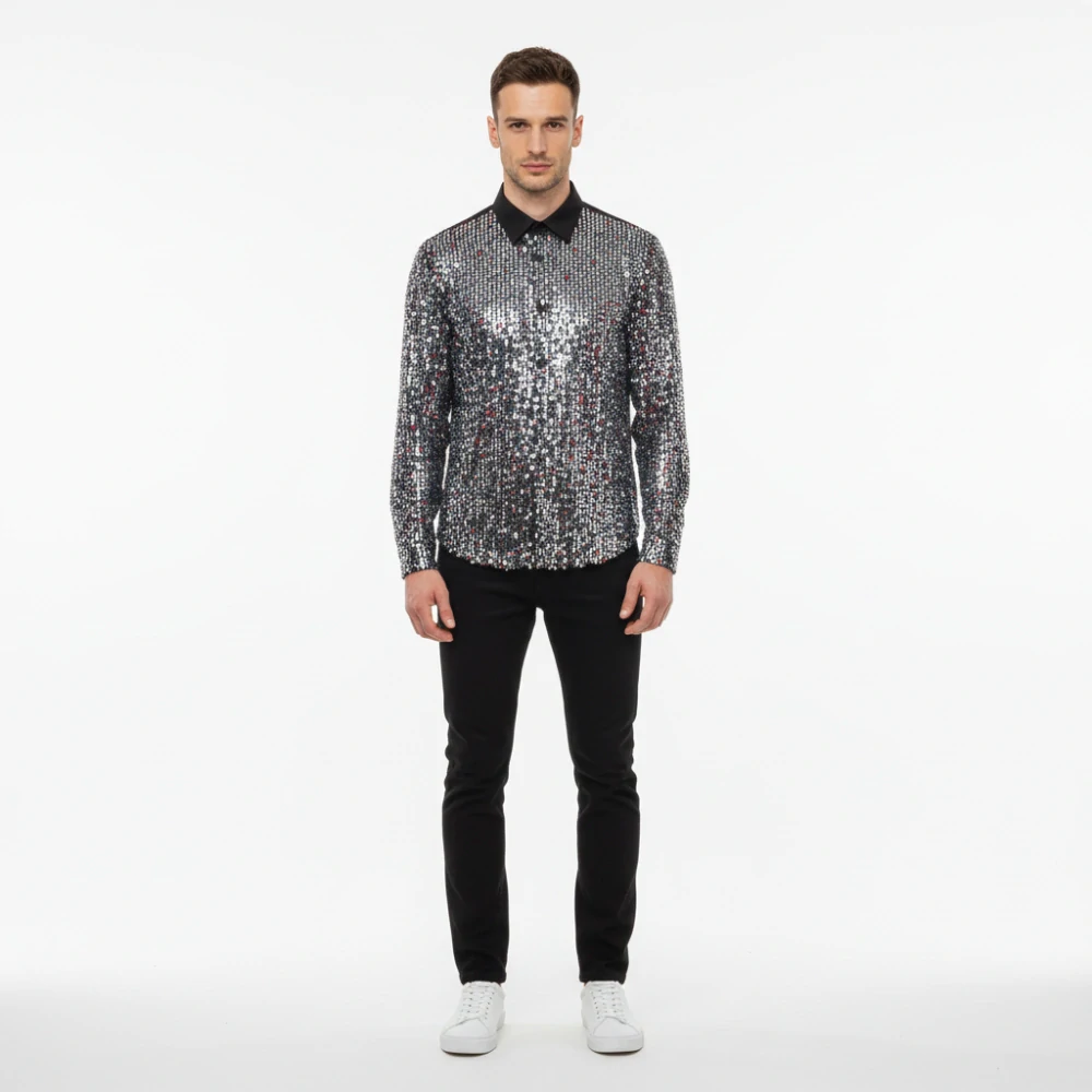 Pánská flitrová košile Disco Silver ph5196