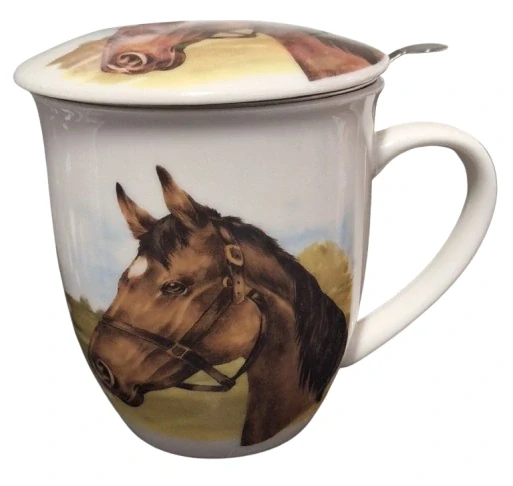 Porcelánový hrnek s koněm se sítkem a víčkem ph5228