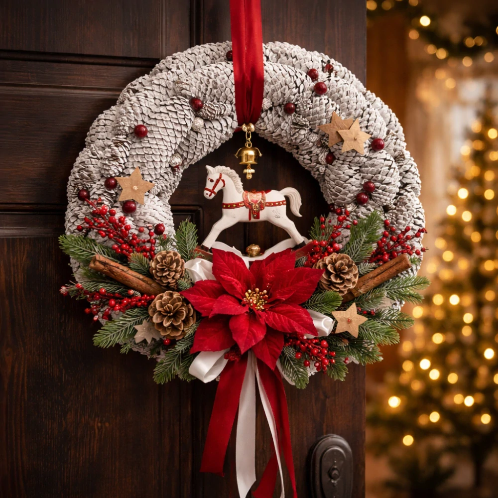 Věnec na dveře s bílými šiškami ph5085