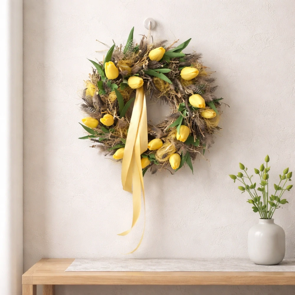 Ručně tvořený velikonoční věnec se žlutými tulipány 35 cm ph5248