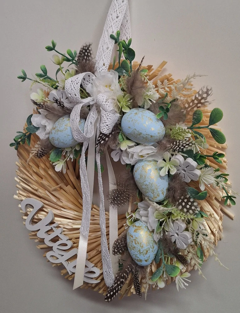 Jarní věnec na dveře s vajíčky a krajkou ph5272