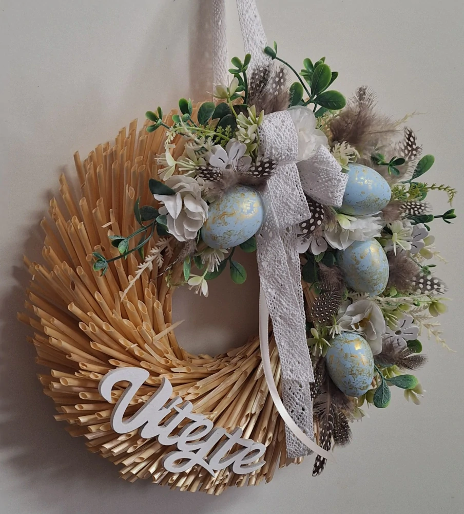 Jarní věnec na dveře s vajíčky a krajkou ph5272