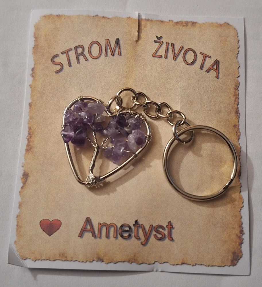 Přívěsek na klíče Strom života – ametyst, srdce