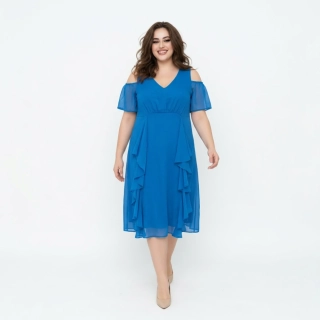 Dámské modré společenské šaty s odhalenými rameny a volány ph4504